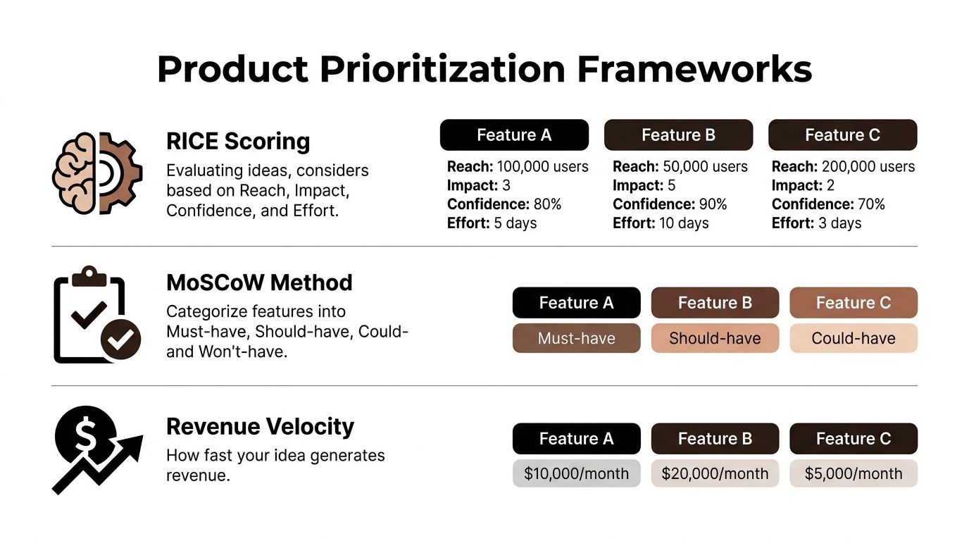 A diagram comparing RICE scoring, MoSCoW method, and Revenue Velocity for product prioritization frameworks.