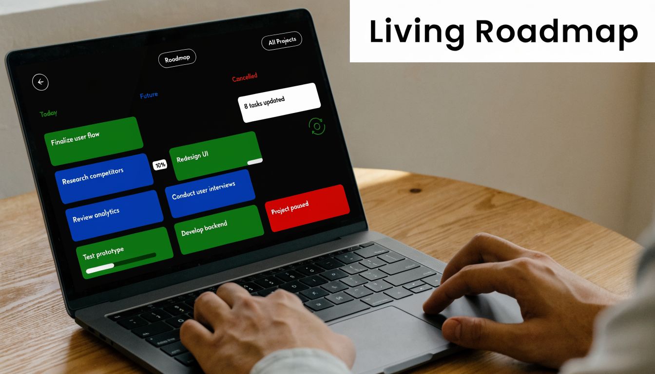 A person using a laptop to view a digital product roadmap showing task status and project progress.