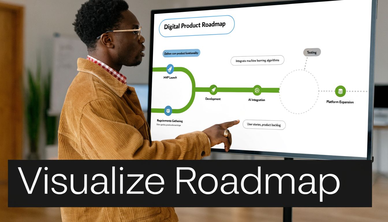 A professional man explaining a digital product roadmap on a digital screen during a business meeting.