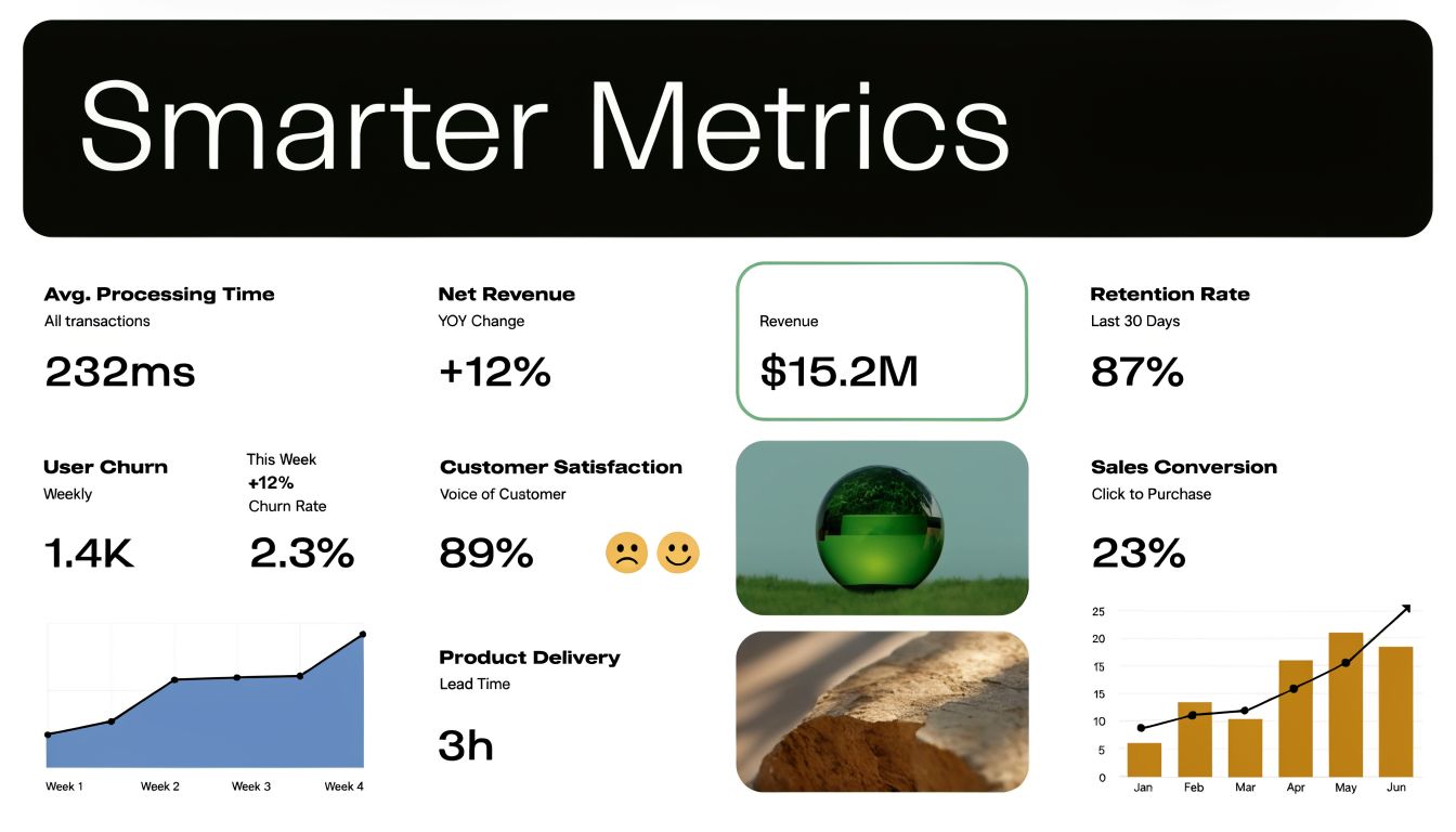 A dashboard titled Smarter Metrics displaying key business performance indicators like revenue, churn, and retention rates.