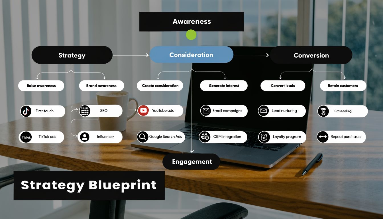 A marketing strategy blueprint flowchart displayed on a laptop screen showing awareness, consideration, and conversion stages.