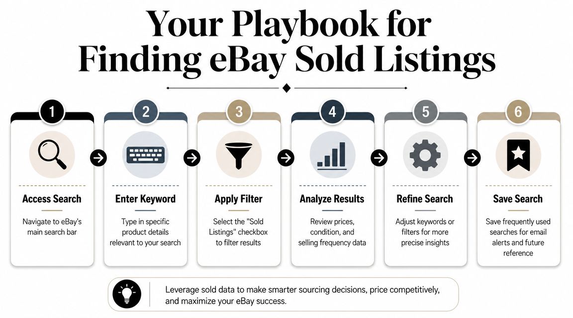 A six-step infographic guide explaining how to find and analyze sold listings on the eBay platform.