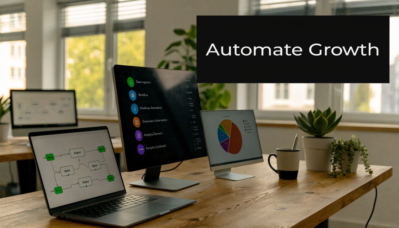 A modern workspace featuring a laptop, monitor, and tablet displaying charts and business automation workflows.