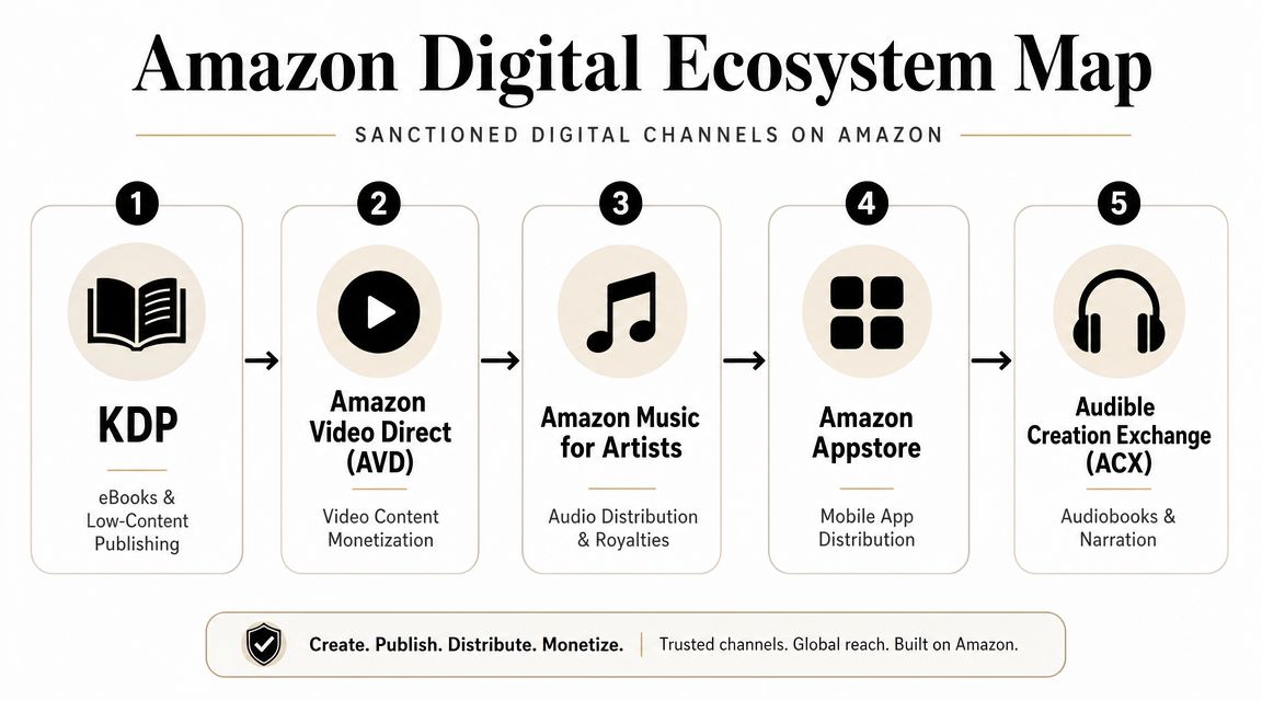 A diagram illustrating the five primary digital content publishing and monetization platforms within the Amazon ecosystem.