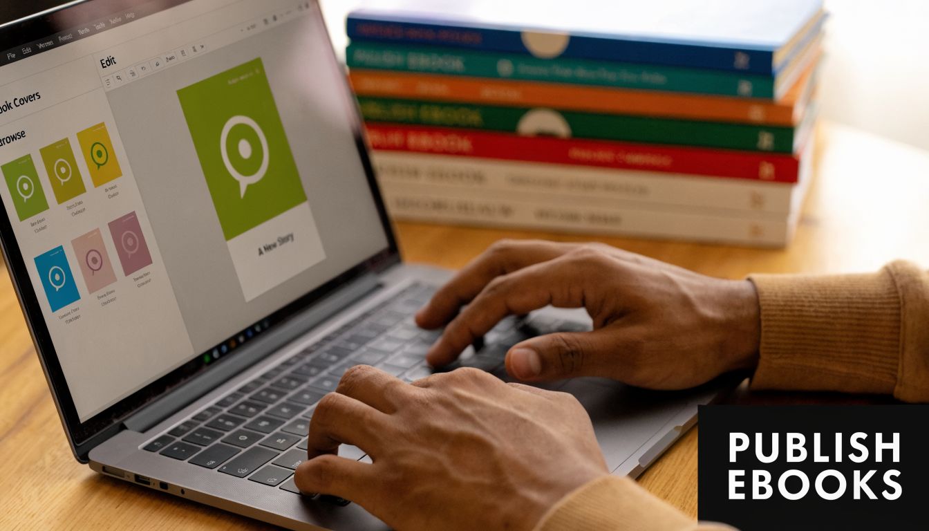 A person working on a laptop, designing a green book cover while stacked books sit nearby.