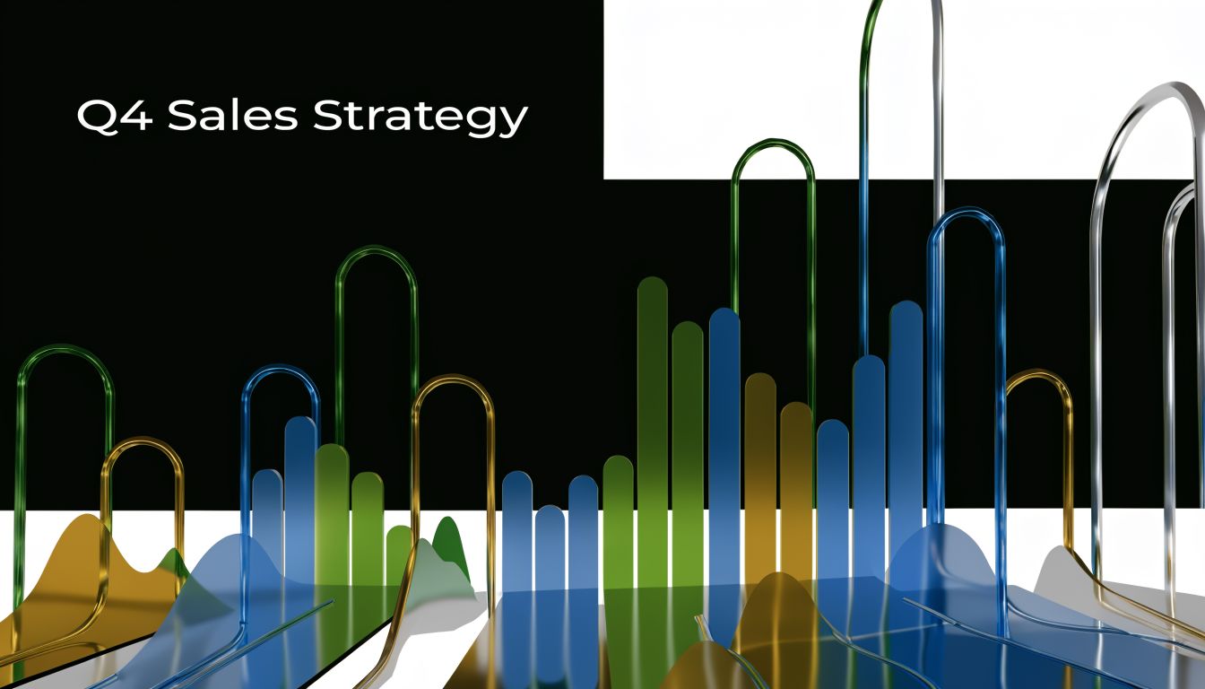 A modern 3D abstract bar graph visualizing Q4 sales strategy data with colorful metallic and glass elements.