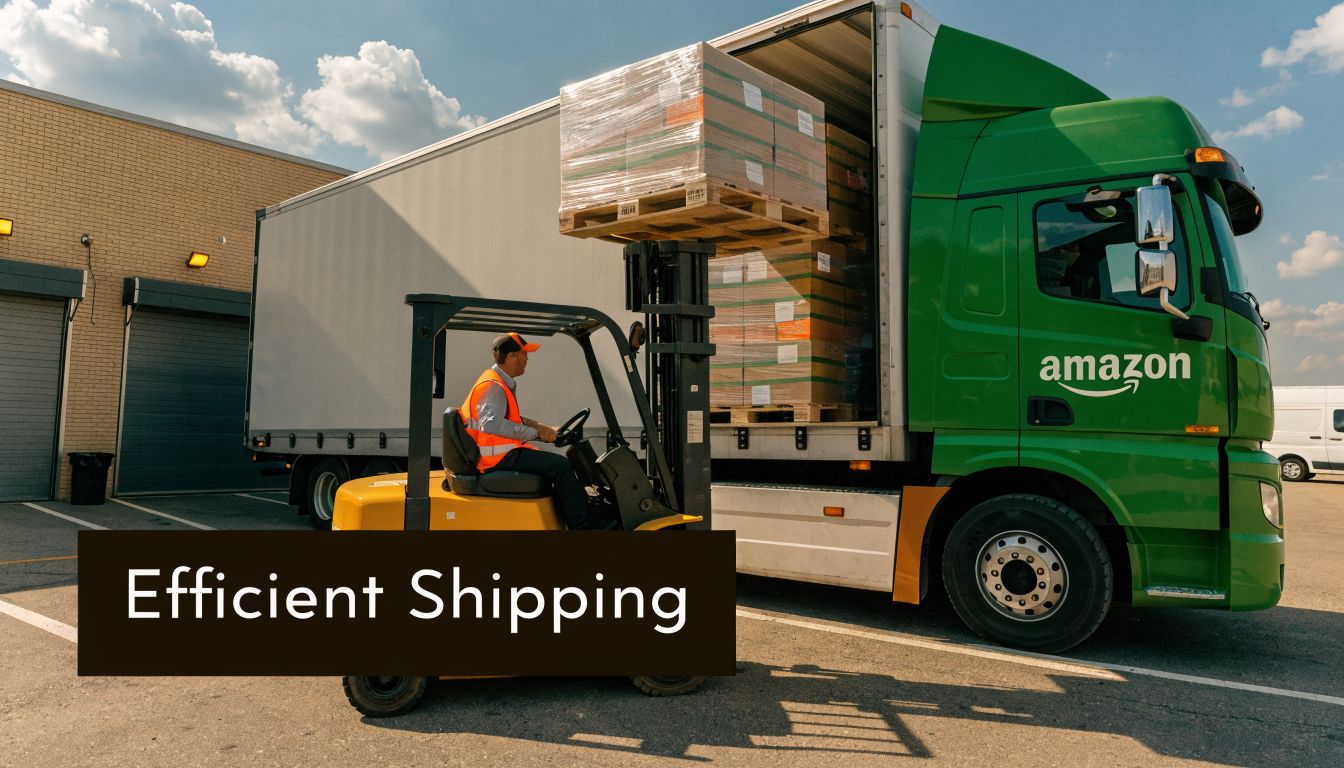 A forklift driver loading a pallet of goods into an Amazon delivery truck at a warehouse dock.