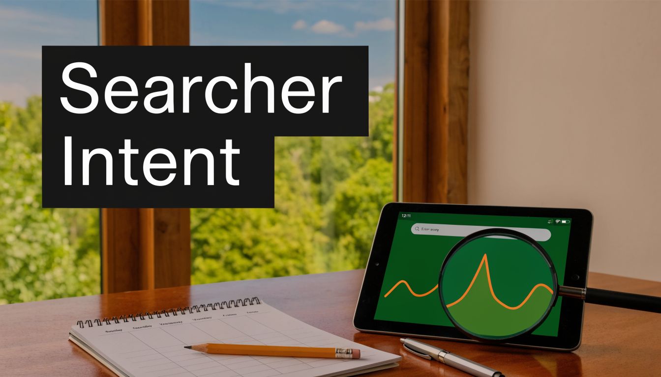 A digital tablet displaying search analytics with a magnifying glass held over a line graph.