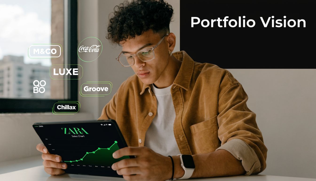 A young man with glasses holding a tablet displaying a sales chart, surrounded by digital brand logos.