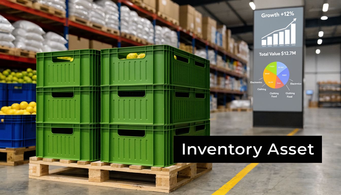 Stack of green plastic inventory crates on a wooden pallet inside a modern warehouse facility.
