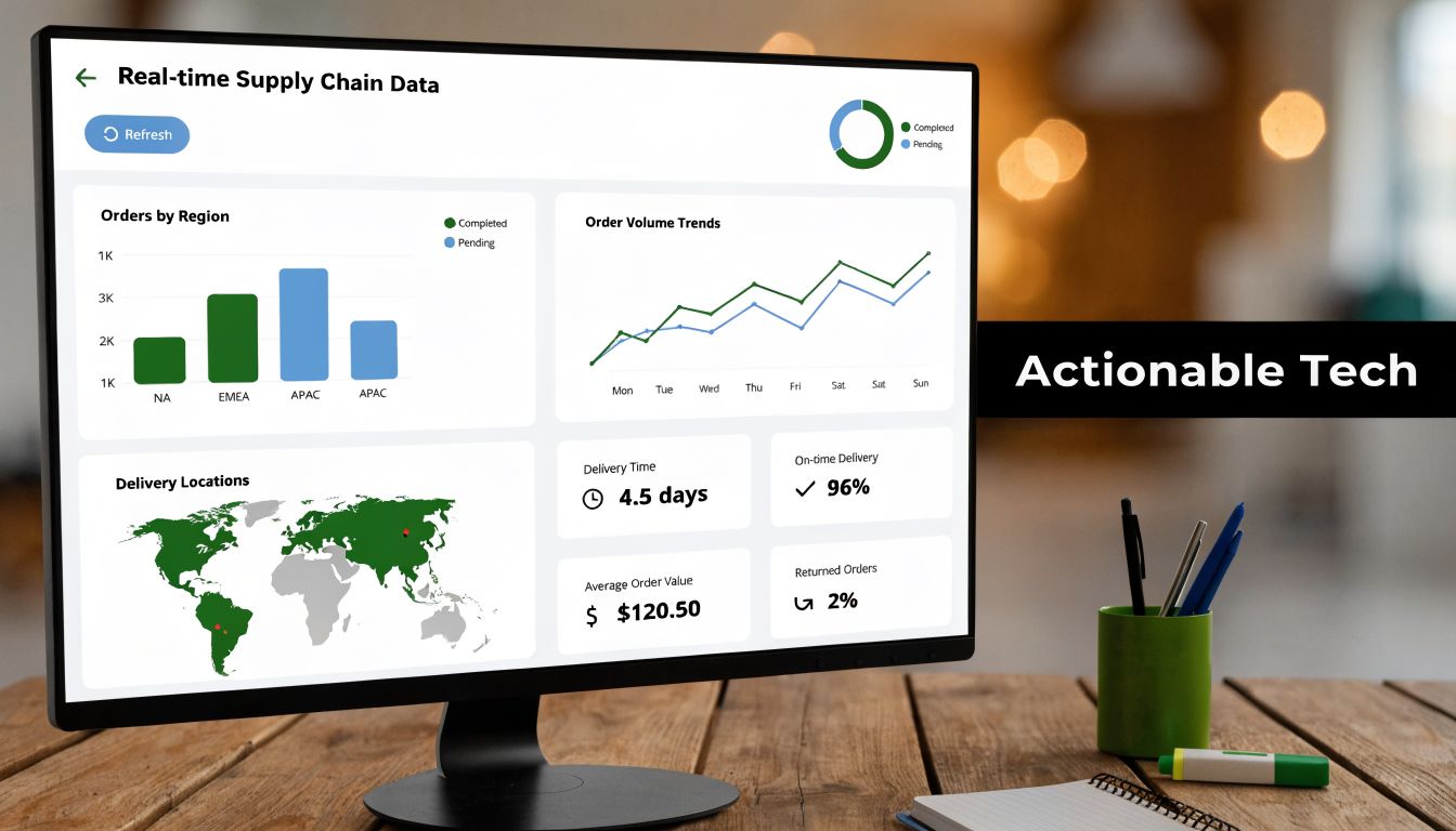 Computer screen displaying a real-time supply chain data dashboard with graphs, maps, and performance metrics.