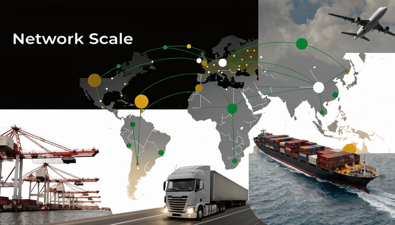 A map showing global supply chain logistics with cargo ships, airplanes, trucks, and shipping port cranes.
