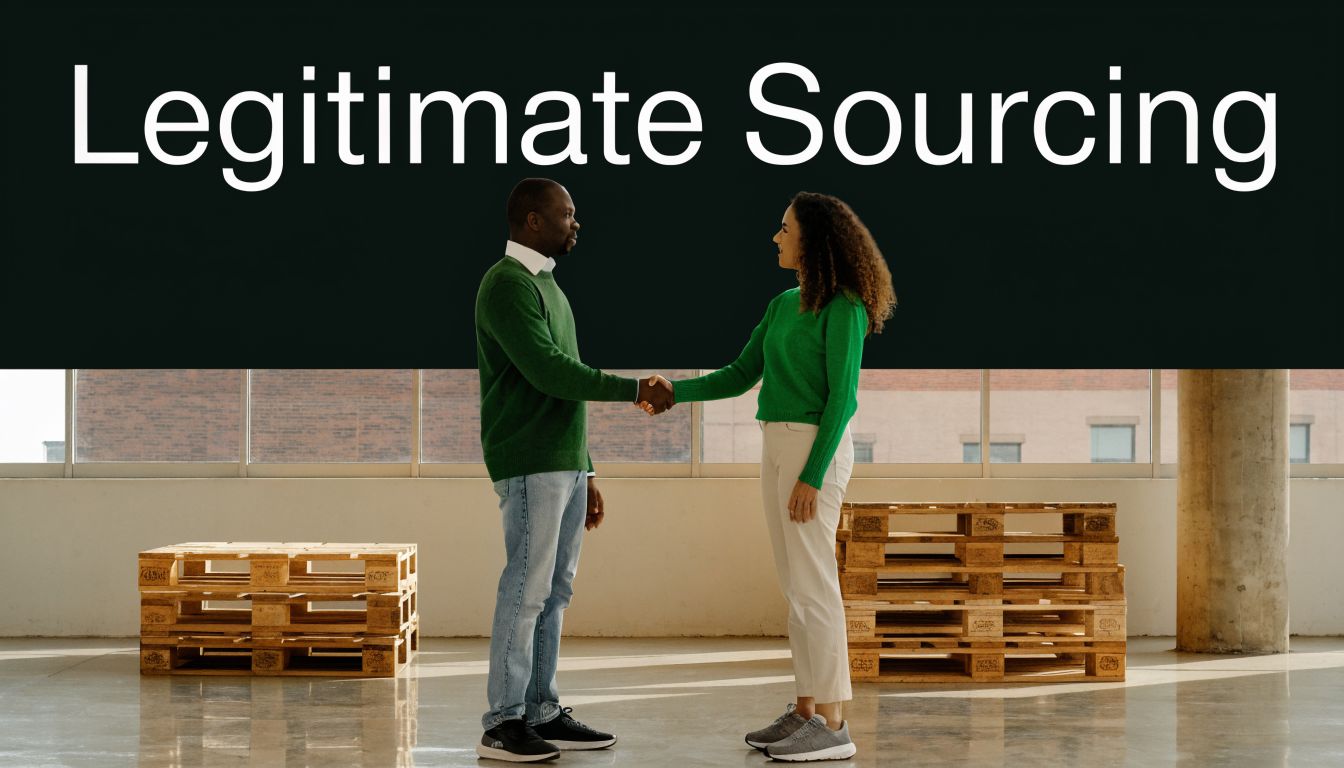 A man and woman in green sweaters shake hands in a warehouse with wooden pallets nearby.
