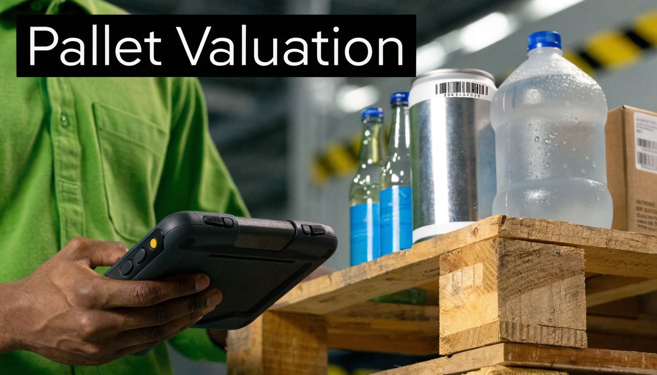 A warehouse worker holding a rugged tablet to scan goods on a wooden pallet for valuation.