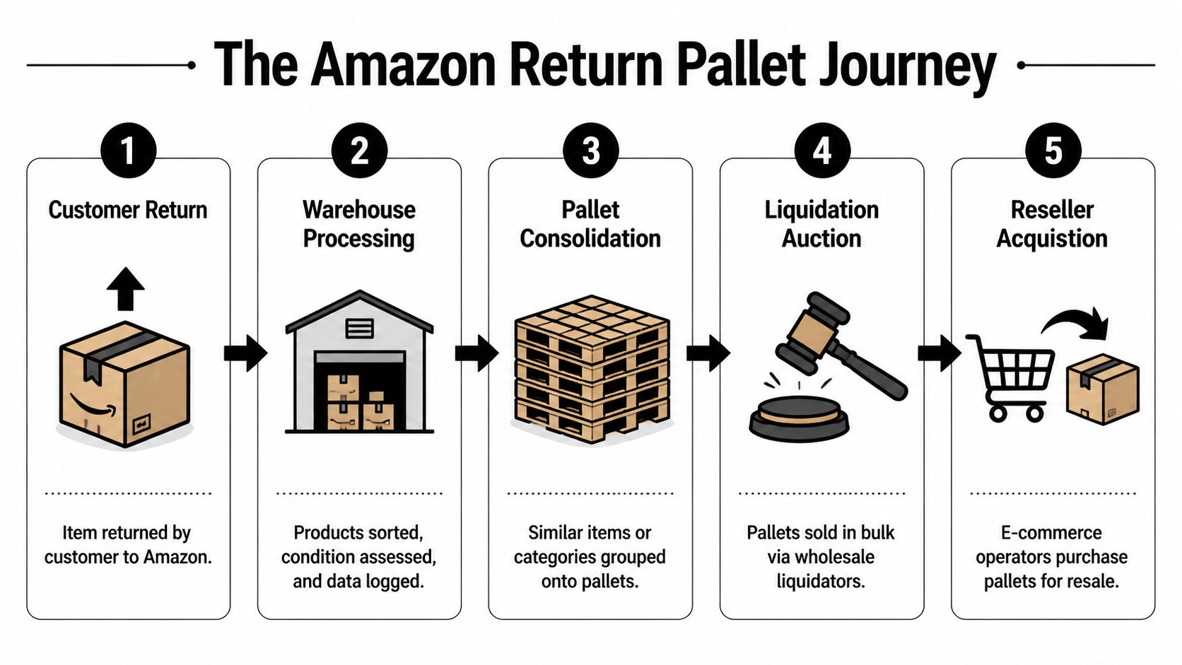 A five-step infographic showing the flow of Amazon return pallets from customer return to reseller acquisition.