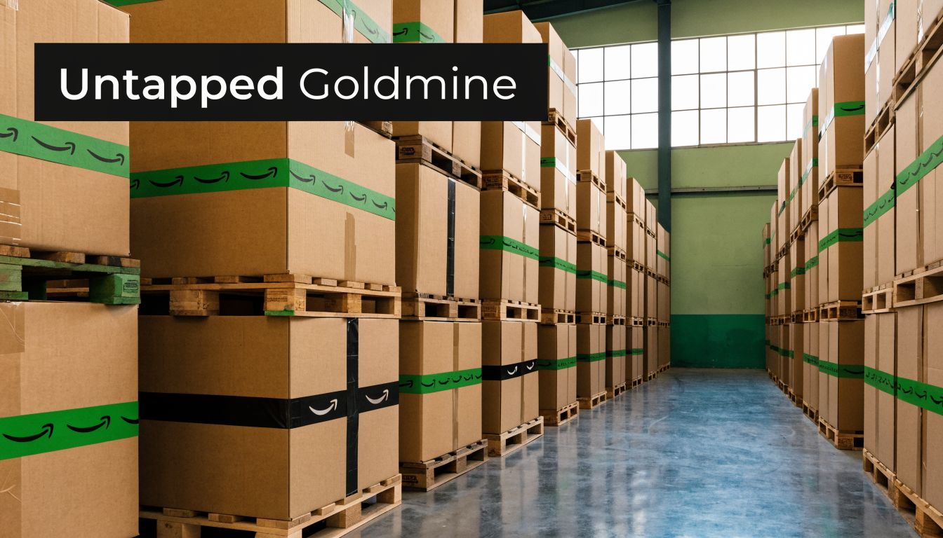 A wide view inside a large warehouse filled with stacked Amazon shipping boxes on wooden pallets.
