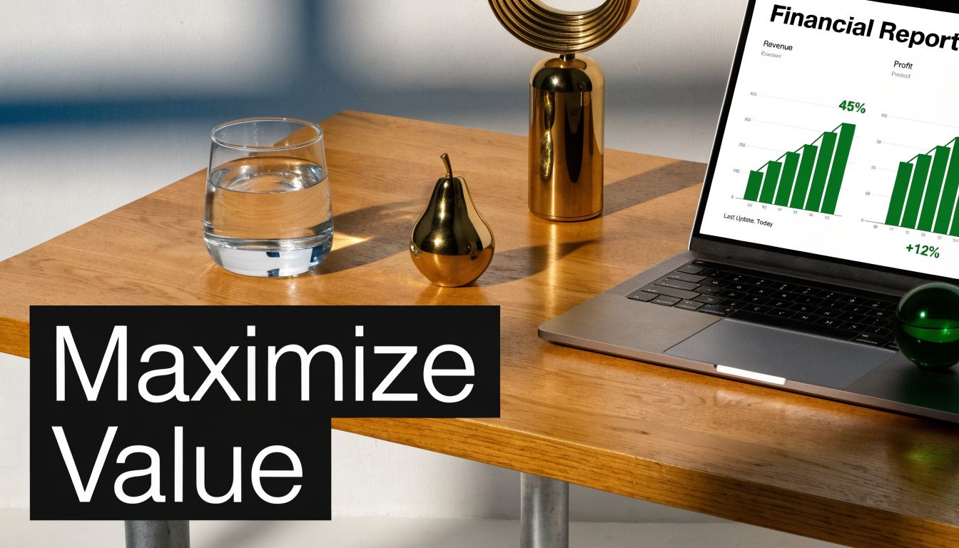 A modern wooden workspace featuring a laptop displaying financial reports next to a glass of water and pear decor.