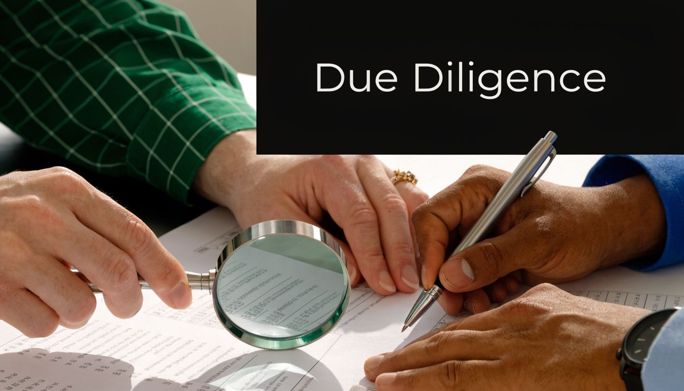 Two people conducting financial due diligence on paperwork using a magnifying glass and a pen.