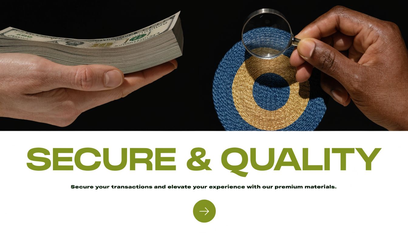 Hands holding US currency and magnifying glass over a target, symbolizing secure and quality business transactions.