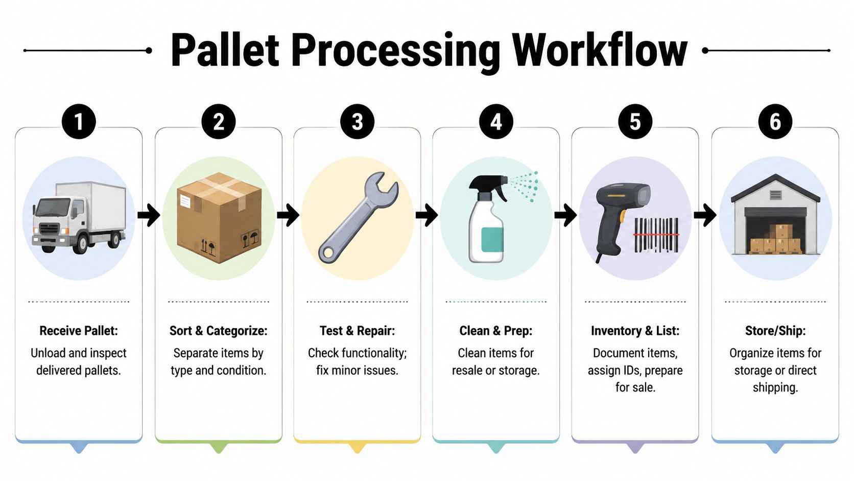 A six-step infographic illustrating the pallet processing workflow for warehouse management, starting from receiving to shipping.