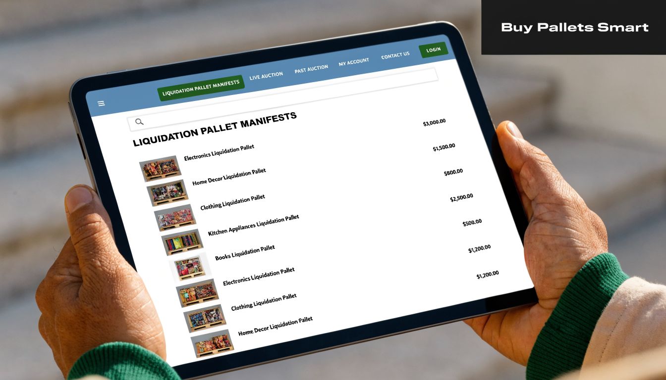 A person holding a tablet displaying a website listing various liquidation pallets for sale online.