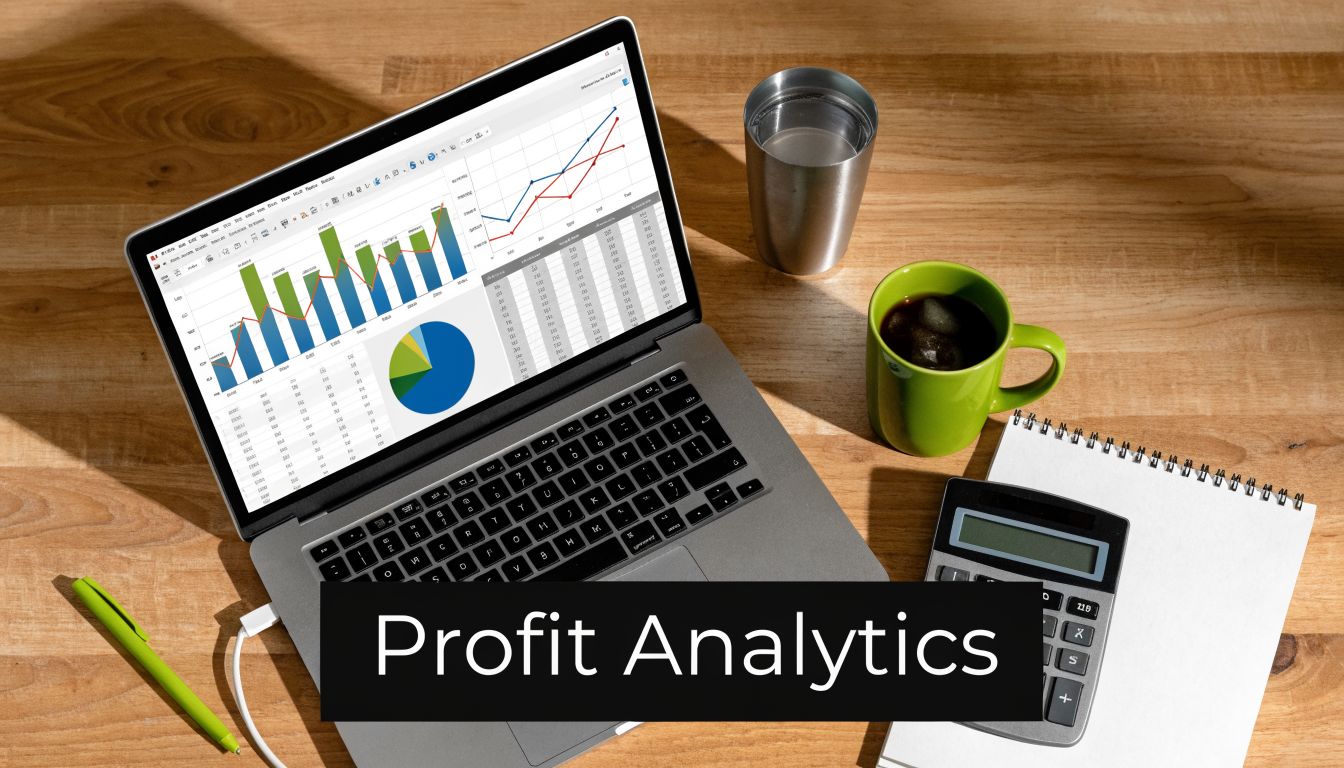 A laptop displaying profit analytics charts on a wooden desk with a notebook, calculator, and coffee cup.