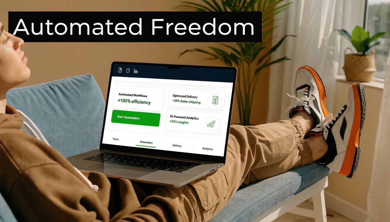 A person relaxing on a couch using a laptop to manage automated business workflows for passive income.