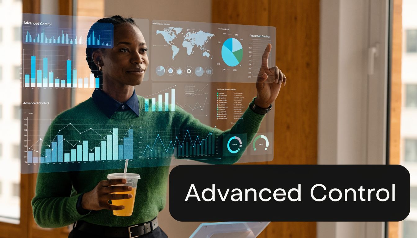A businesswoman interacts with a futuristic holographic dashboard displaying complex data and charts while holding a drink.
