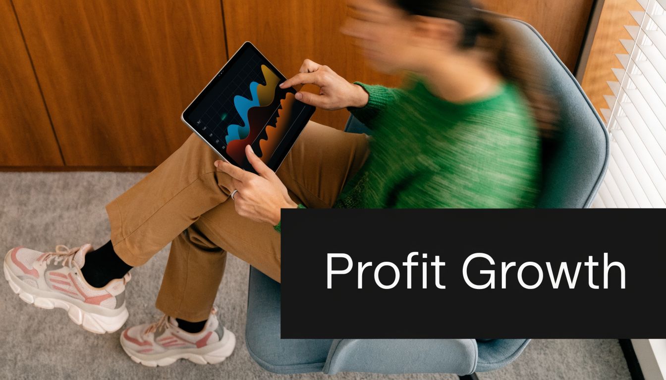 A person in a green sweater holding a tablet displaying colorful financial growth charts while seated.