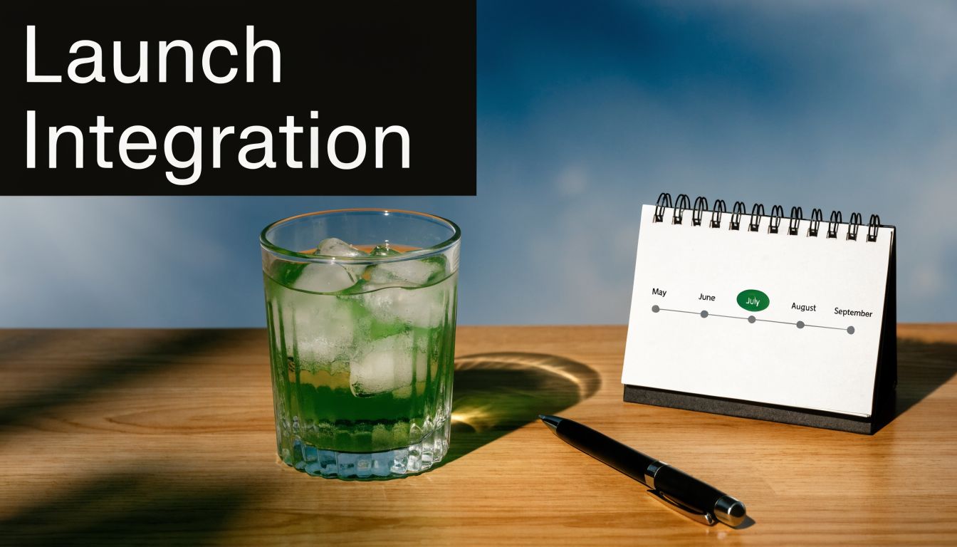 A glass of green iced drink next to a monthly planning calendar and a black pen on a table.