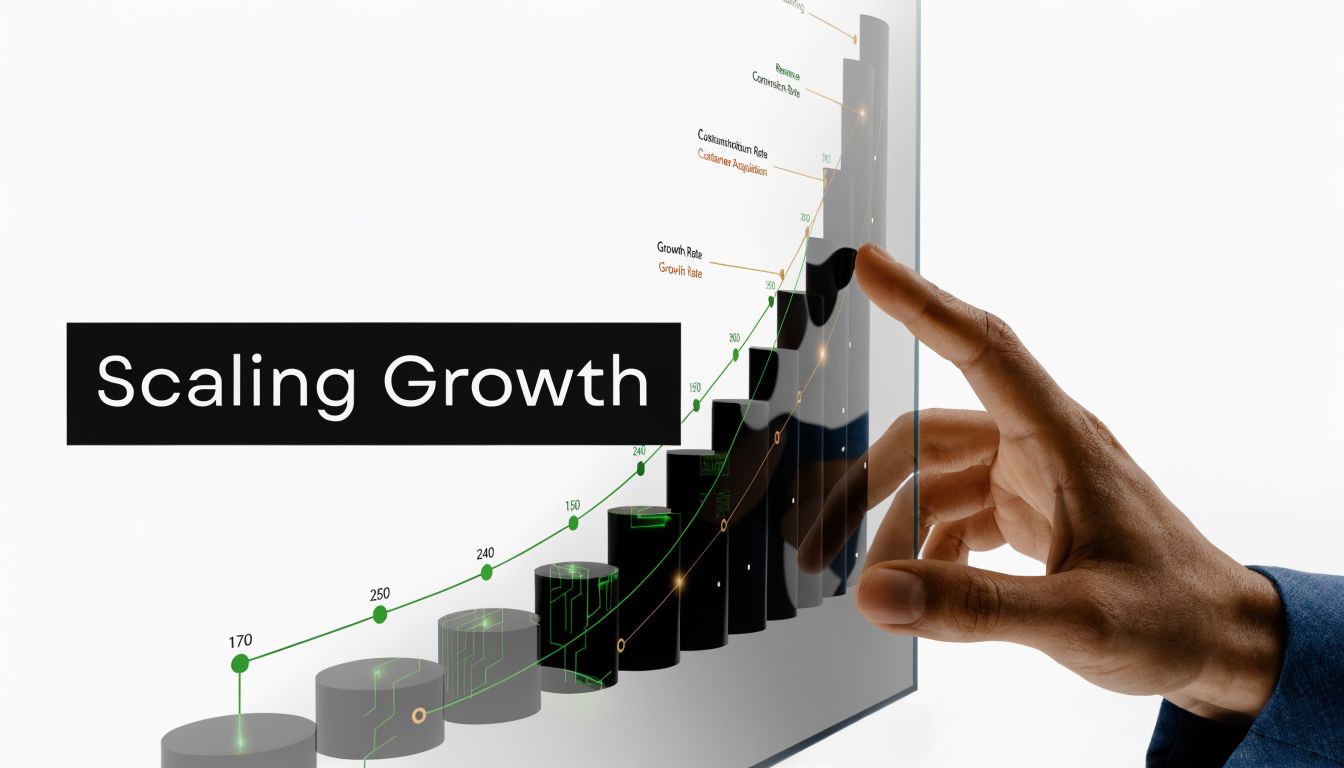 A hand touching a transparent digital screen showing a bar graph representing business scaling and growth.