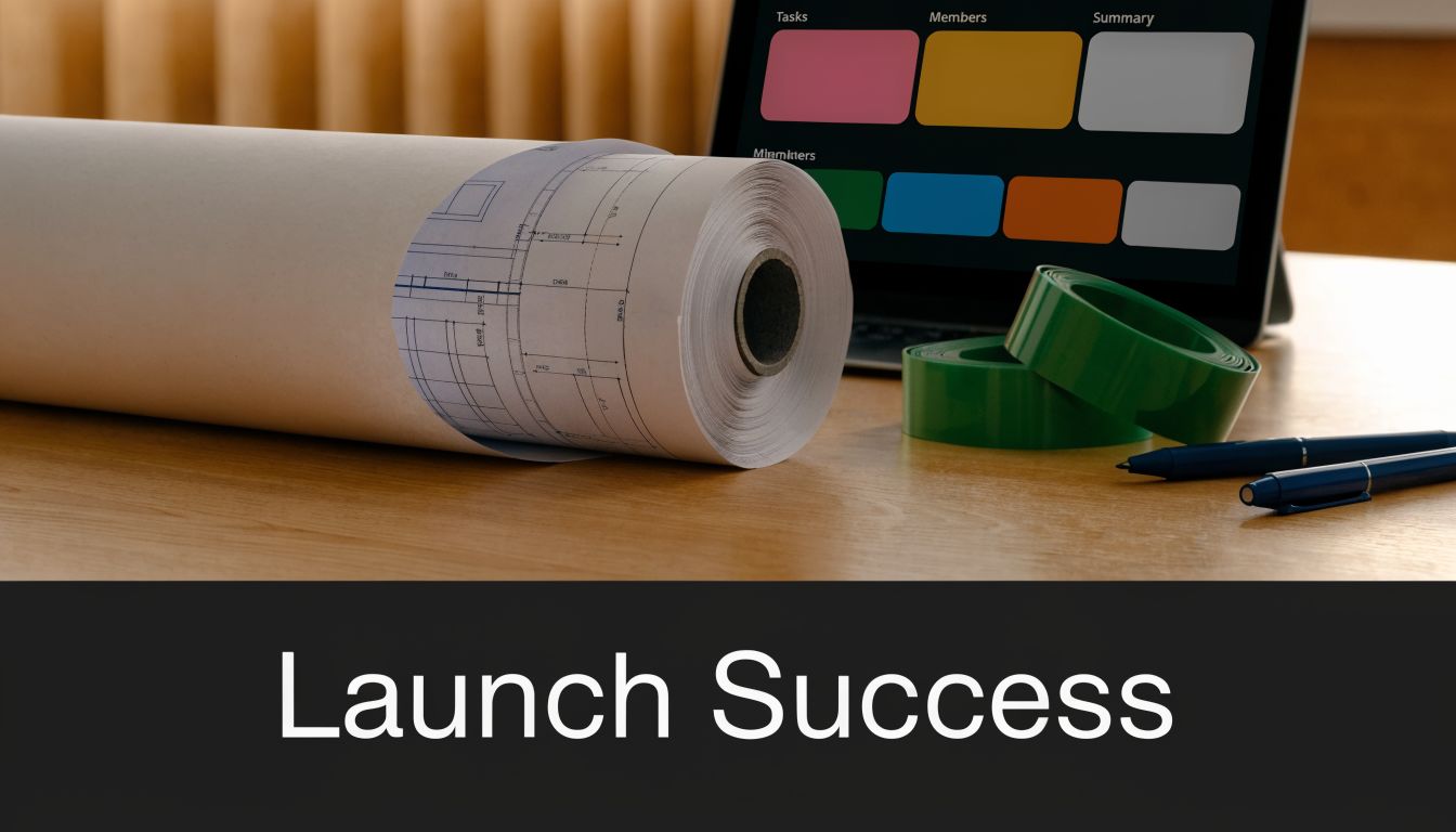 A workspace with rolled blueprints, colorful tape, pens, and a digital tablet showing a project dashboard.