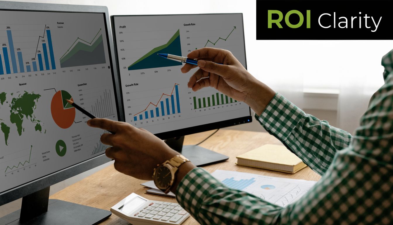 A professional analyzing financial data and growth charts on two computer screens in an office setting.