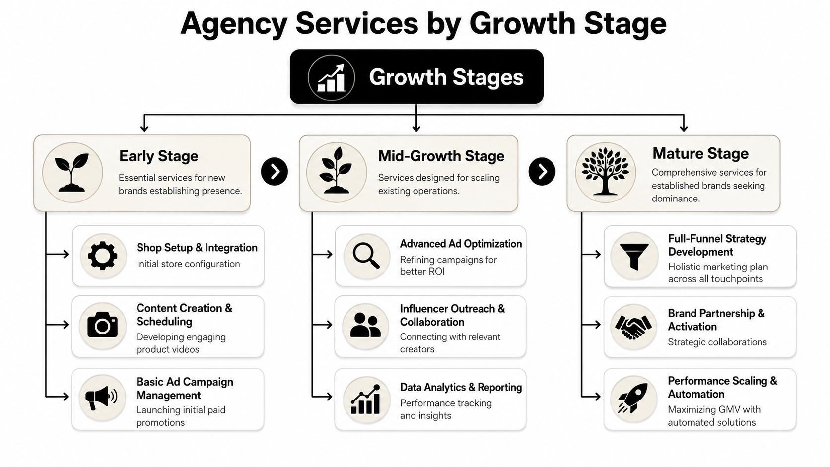 A diagram illustrating agency services for businesses at early, mid-growth, and mature stages of development.