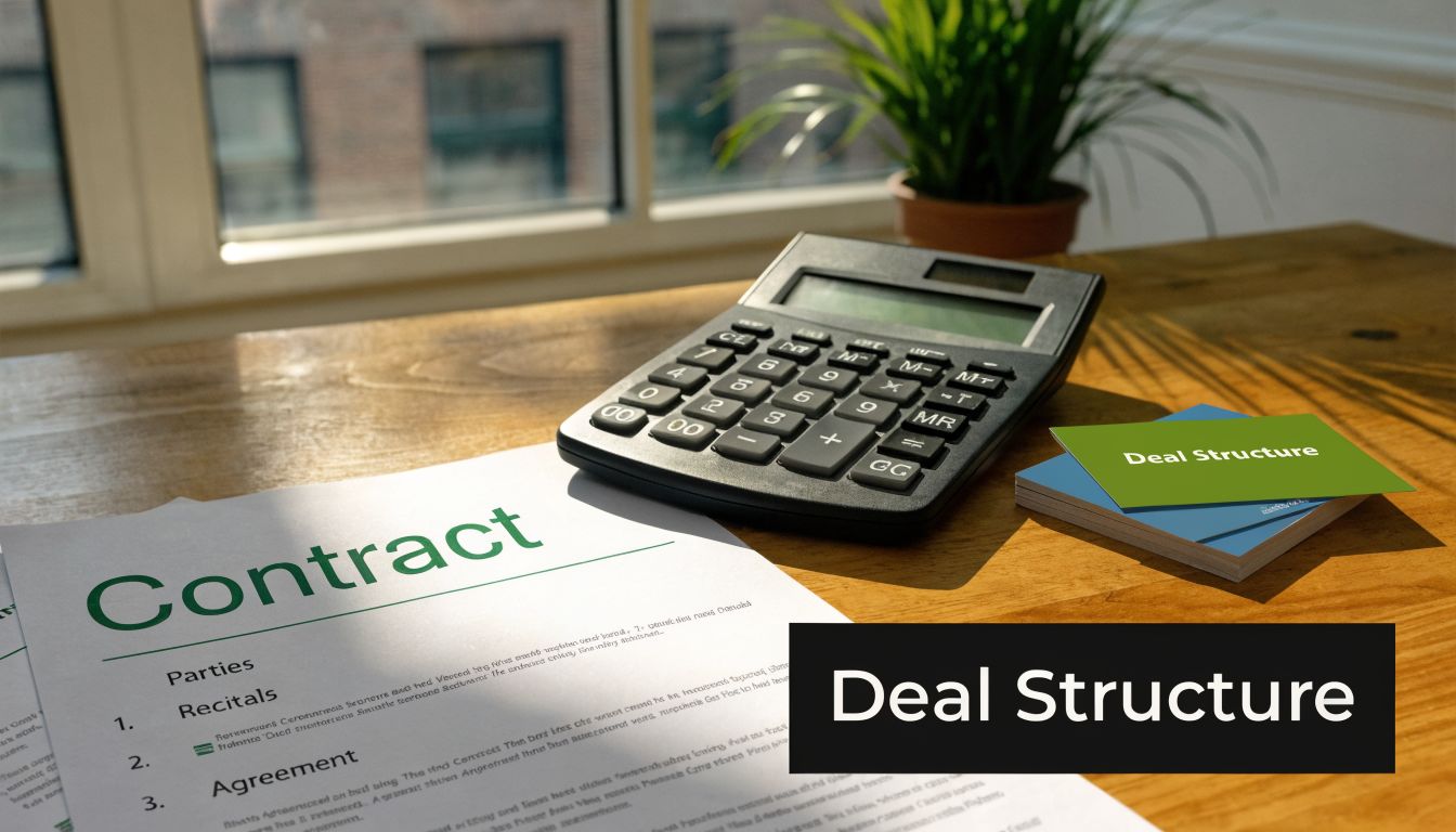 A contract, a calculator, and a deal structure card placed on a wooden desk near a window.