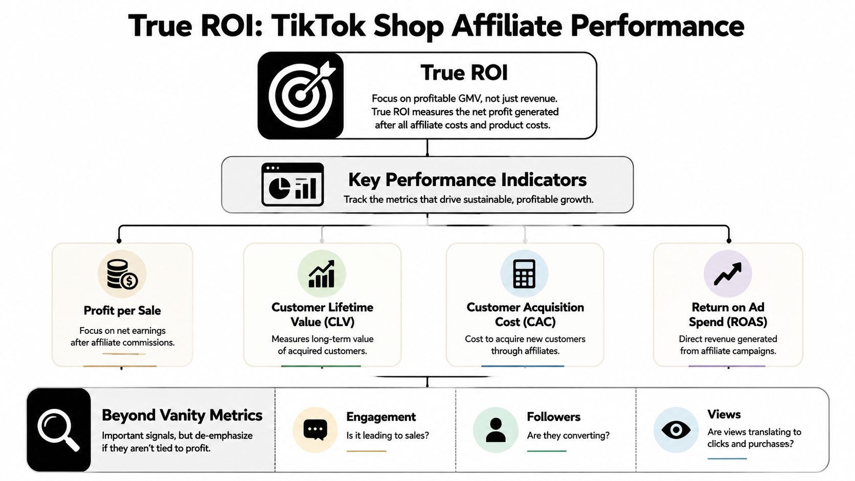 A diagram illustrating how to calculate true ROI for TikTok Shop affiliate performance and key performance indicators.