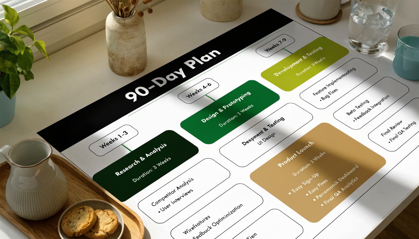 A 90-day plan infographic on a desk, outlining research, design, development, and product launch phases.