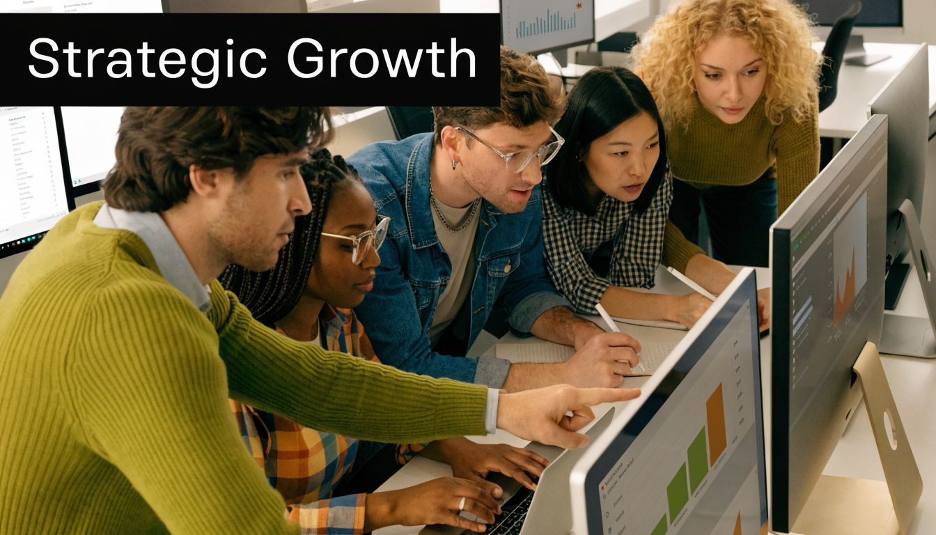 A diverse group of professionals working collaboratively on data analytics and strategy in a modern office.