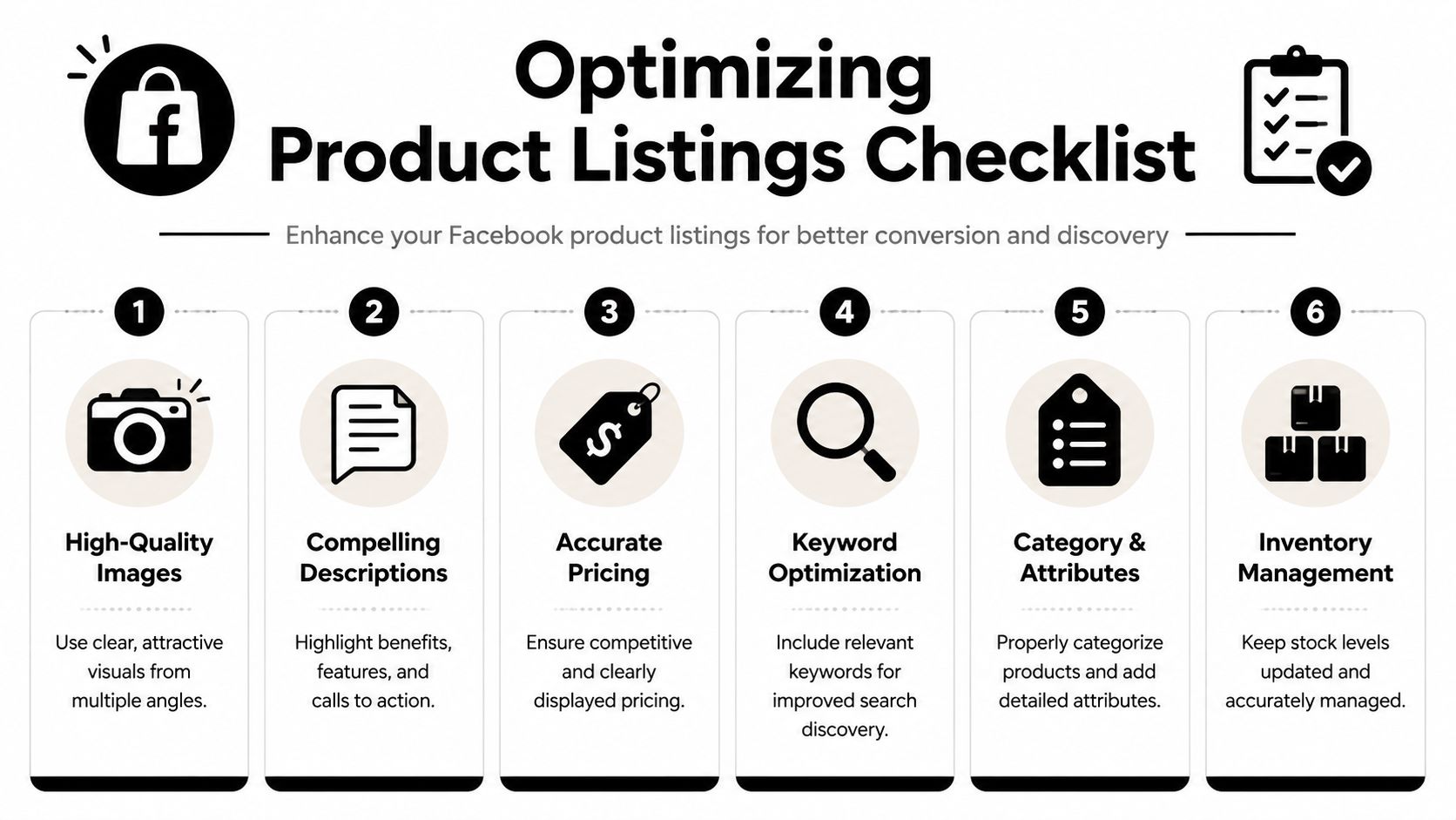 A six-step infographic titled Optimizing Product Listings Checklist for improving Facebook store sales and conversions.