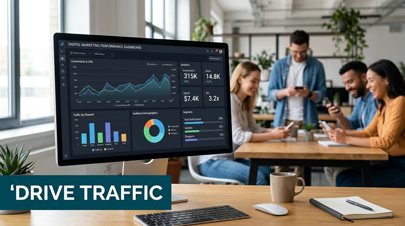A professional digital marketing dashboard displayed on a computer screen in a modern, collaborative office space.