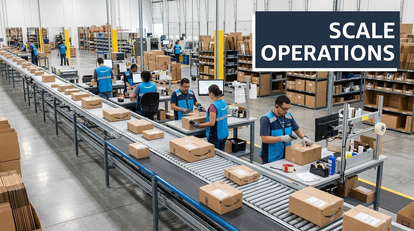 Warehouse workers in blue uniforms working on an Amazon fulfillment conveyor belt line processing packages.