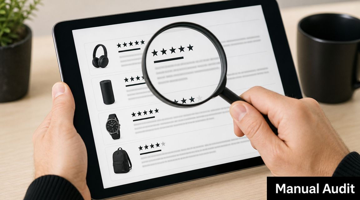 A person uses a magnifying glass to inspect product star ratings on a digital tablet screen.