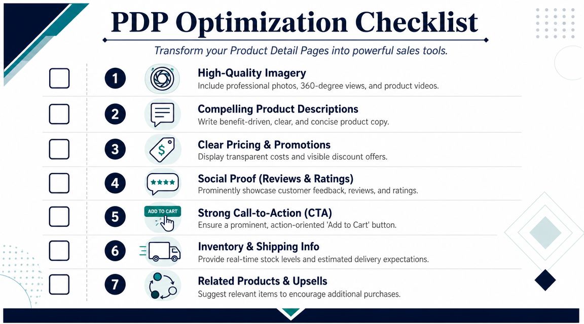 A checklist graphic titled PDP Optimization Checklist for improving product detail pages and boosting ecommerce sales performance.