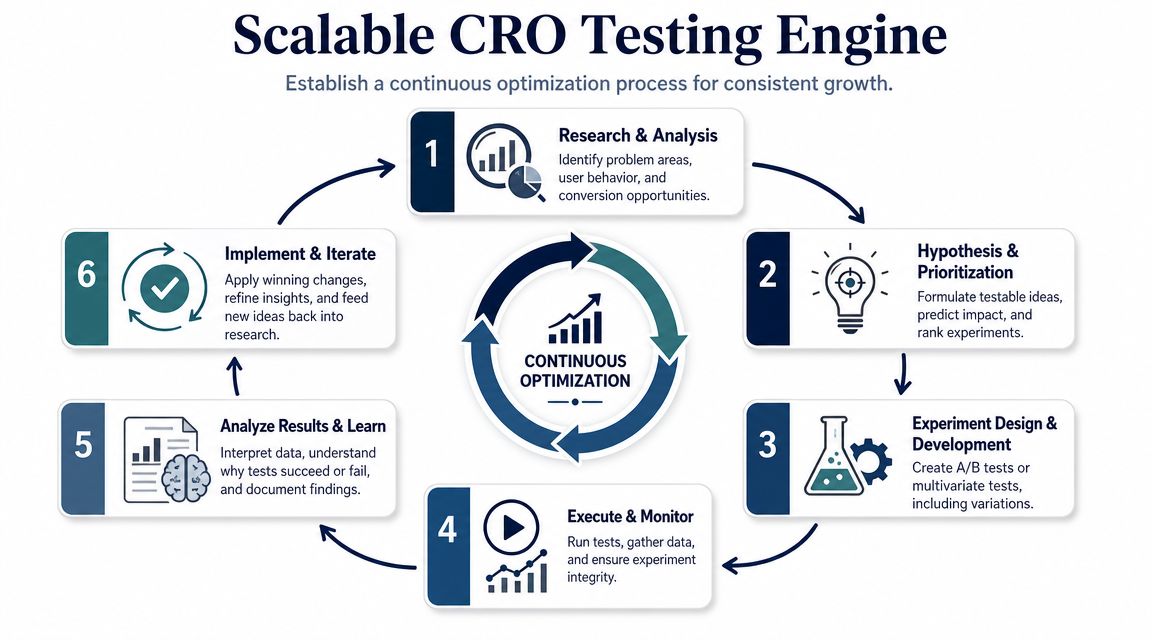 A circular flow diagram illustrating a six-step scalable CRO testing engine process for continuous optimization.