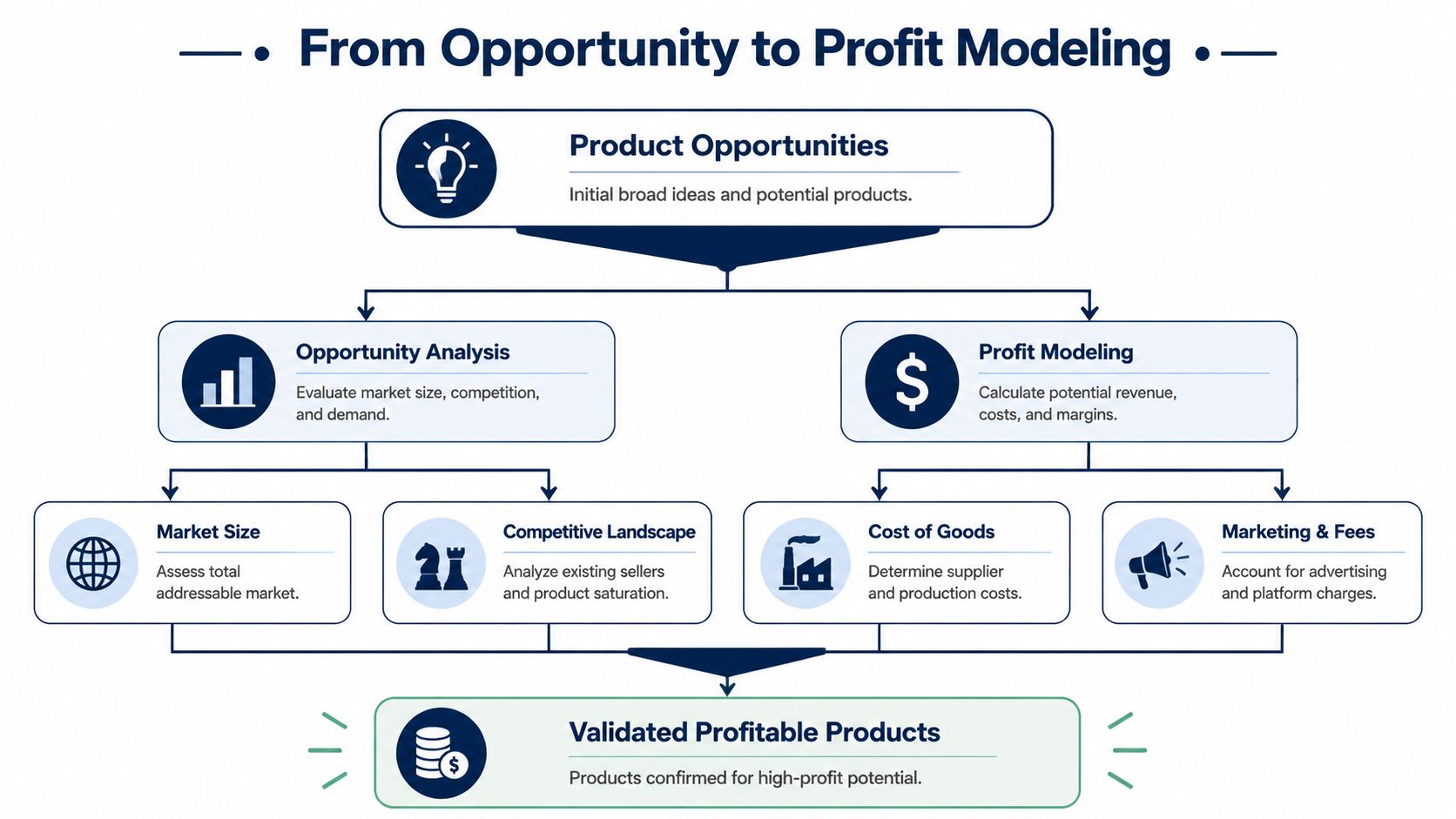 A diagram outlining the business process from initial product opportunity identification to validated profitable products.
