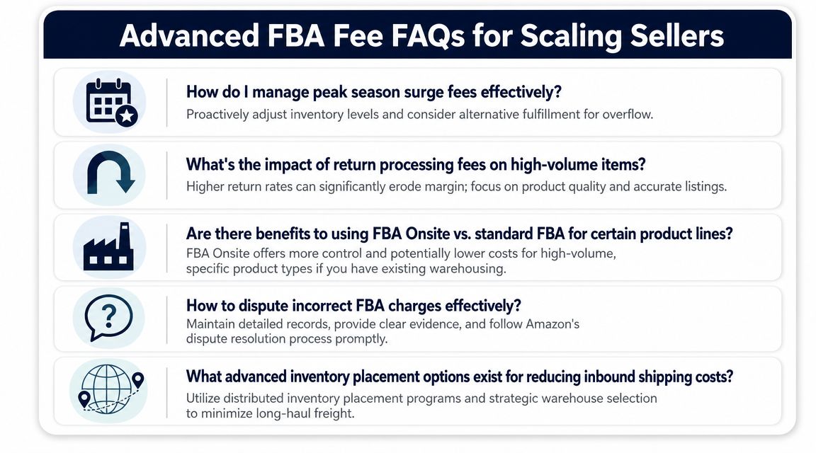 A helpful infographic showing five advanced FAQ questions and answers regarding Amazon FBA seller fees.