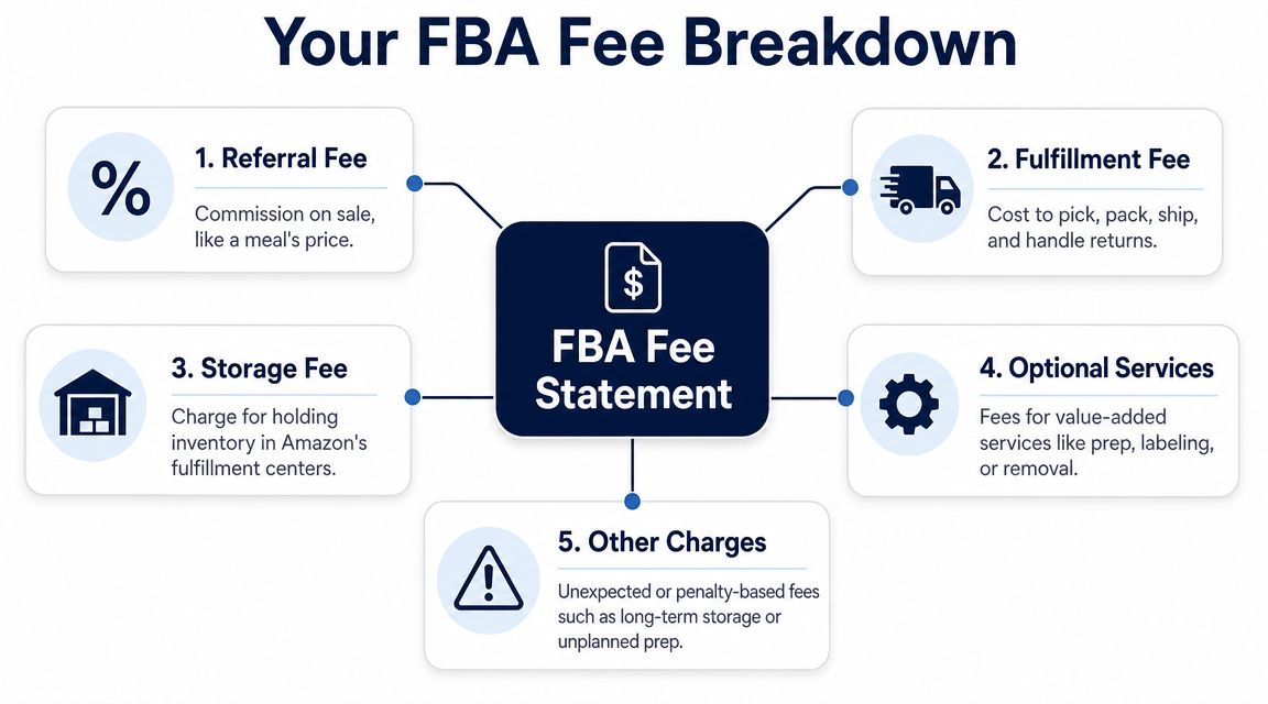 A diagram illustrating the five main categories of Amazon FBA fees, including referral, fulfillment, storage, services, and charges.