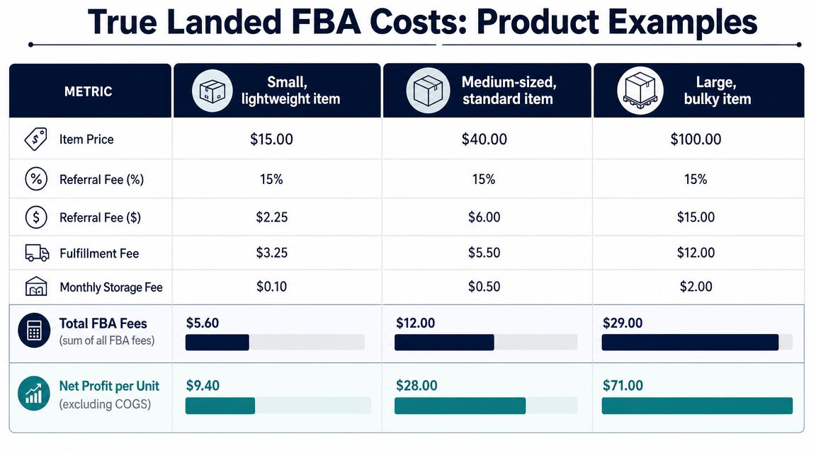 A comparison table displaying true landed FBA fees and net profit margins for small, medium, and large items.