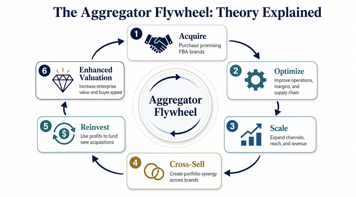 A diagram illustrating the six-step Aggregator Flywheel model for purchasing and growing Amazon FBA brands.