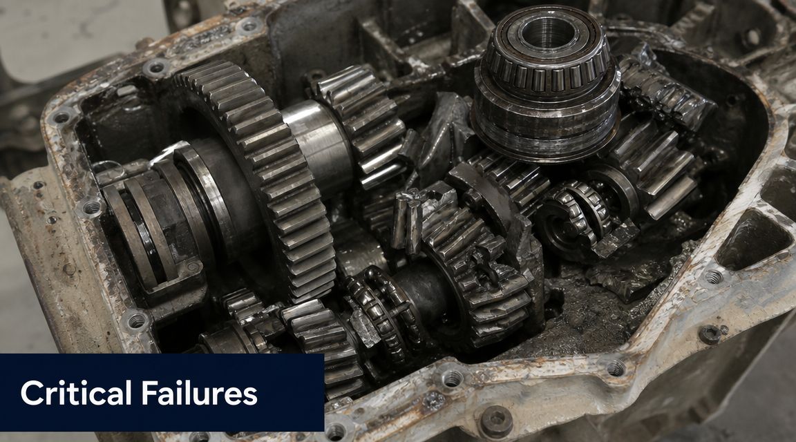 A close-up view of a severely damaged, broken automotive transmission with shattered metal gears inside the casing.